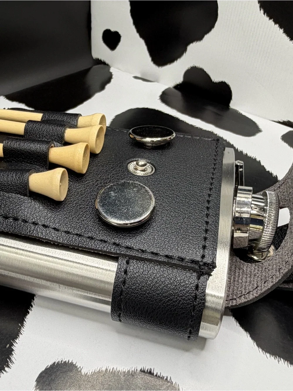 Leather Golf Tee & Stainless Flask Holder with 4 Wooden Tees - Black